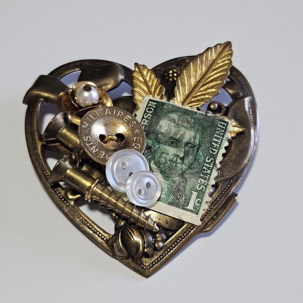 Ooak Vintage Heart Tramp Art Folk Art Brooch Pin Unique Eclectic